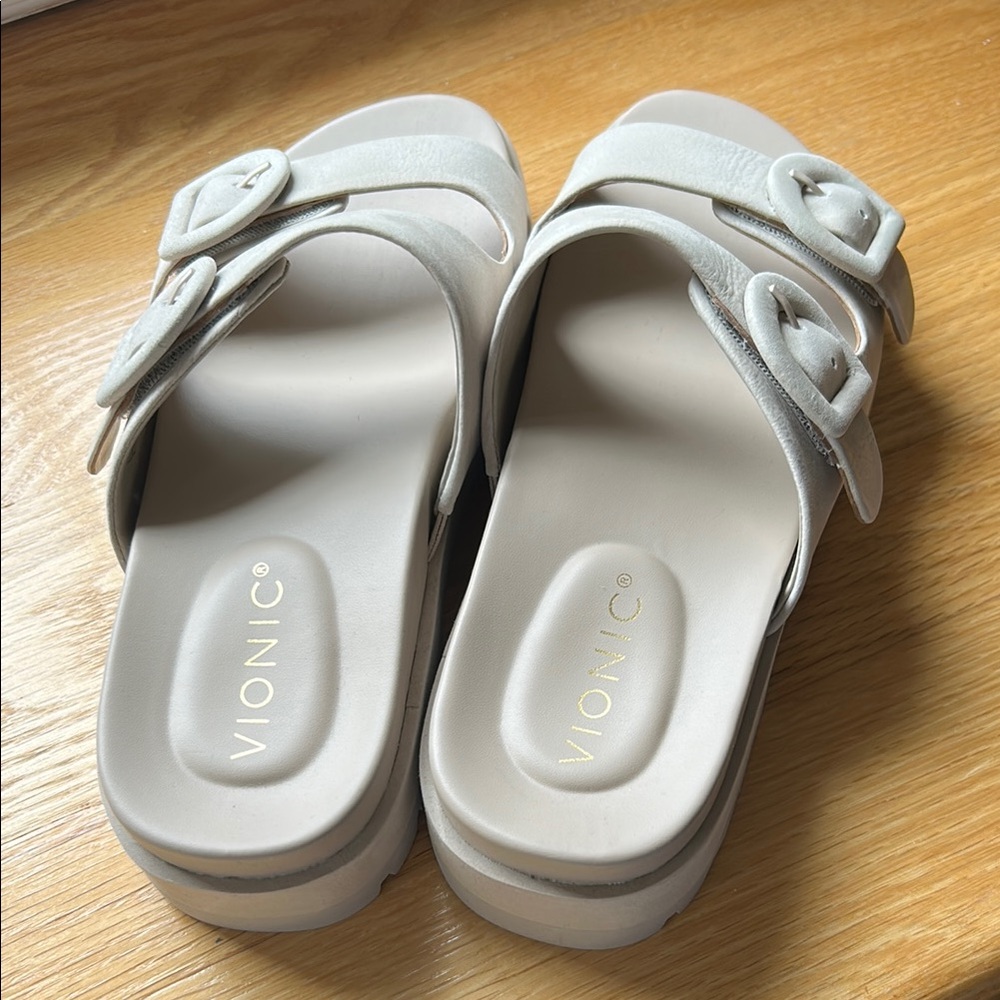 Vionic Leather Double Buckle Slide Sandals with Ergonomic Footbed - Capitola -